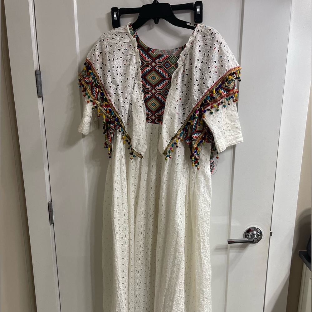 Elegantly colorful bohemian collar white dress, very artistic and unique